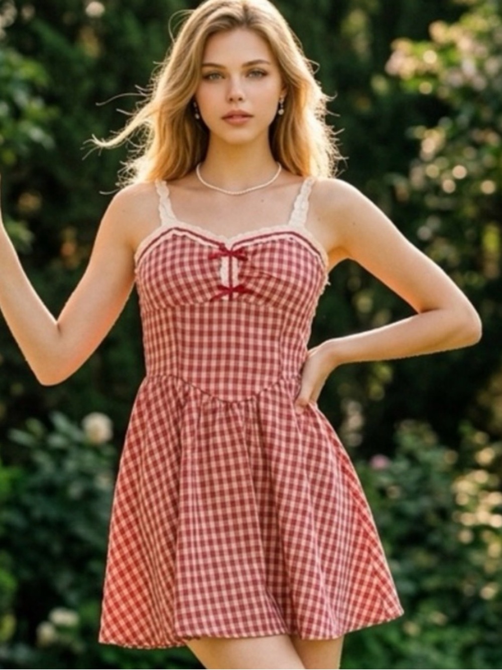 Rosie Posie Red Gingham mini babydoll Sundress Lace Trim & bows size medium